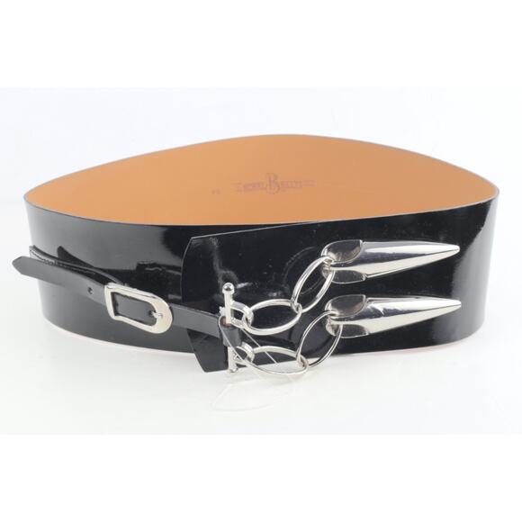 Vintage Black Patent Wide Waist Belt Silver Studded Chain Detail Size 90